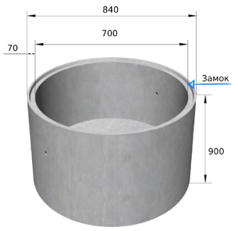 Размеры кольца колодцев КС 7-9ч Фото размеров колодезных колец с четвертью КС 7-9ч с замком